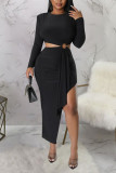 Light Coffee Sexy Solid Hollowed Out Patchwork Slit O Neck Pencil Skirt Dresses
