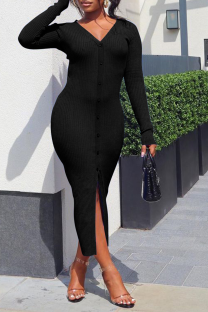 Black Street Solid Patchwork V Neck Pencil Skirt Dresses