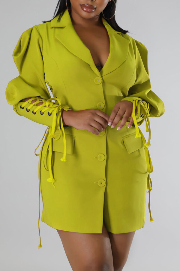 Yellow Casual Solid Bandage Patchwork Buckle Turndown Collar Outerwear