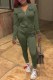 Army Green Street Print Letter Hooded Collar Long Sleeve Two Pieces