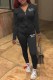 Black Street Print Letter Hooded Collar Long Sleeve Two Pieces