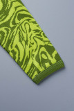 Green Sexy Print Bandage Hollowed Out Patchwork V Neck Long Sleeve Dresses