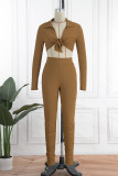 Brown Sexy Solid Bandage Patchwork Turndown Collar Long Sleeve Two Pieces