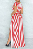 Red Fashion Casual Striped Print Slit V Neck Short Sleeve Dress