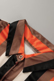 Brown Sexy Striped Print Patchwork Buckle Turndown Collar Long Sleeve Two Pieces