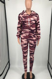 Tangerine Red Street Camouflage Print Patchwork Hooded Collar Long Sleeve Two Pieces