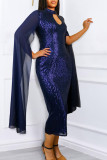 Navy Blue Elegant Solid Hollowed Out Sequins Patchwork Half A Turtleneck One Step Skirt Dresses