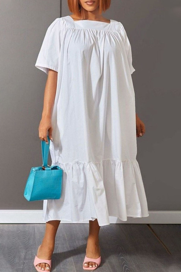 White Casual Solid Patchwork Square Collar Straight Dresses