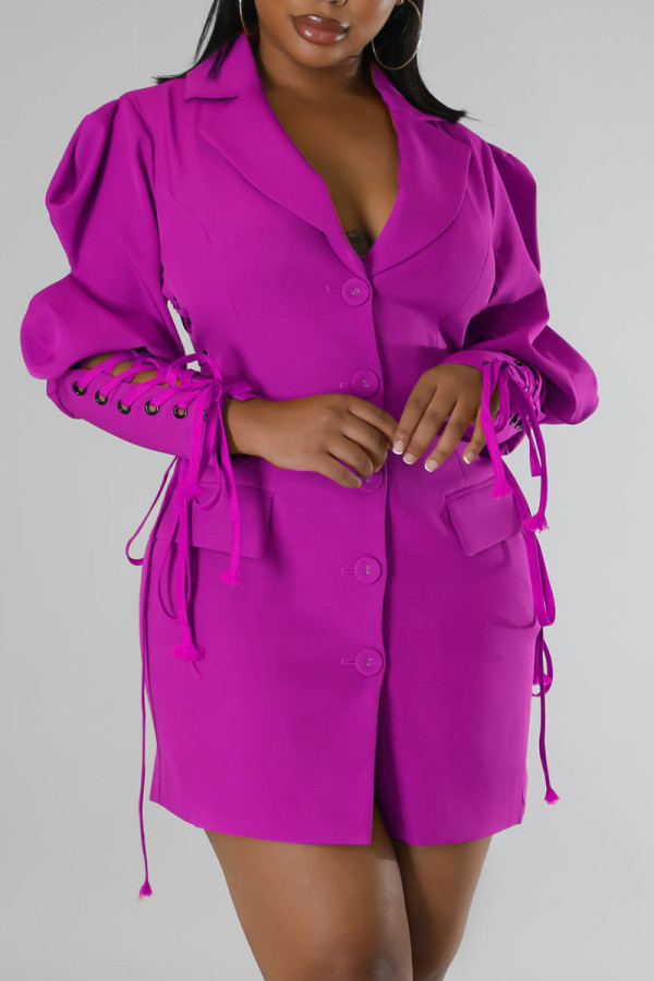 Purple Casual Solid Bandage Patchwork Buckle Turndown Collar Outerwear