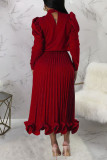 Red Casual Solid Patchwork Flounce Fold Half A Turtleneck Long Sleeve Two Pieces