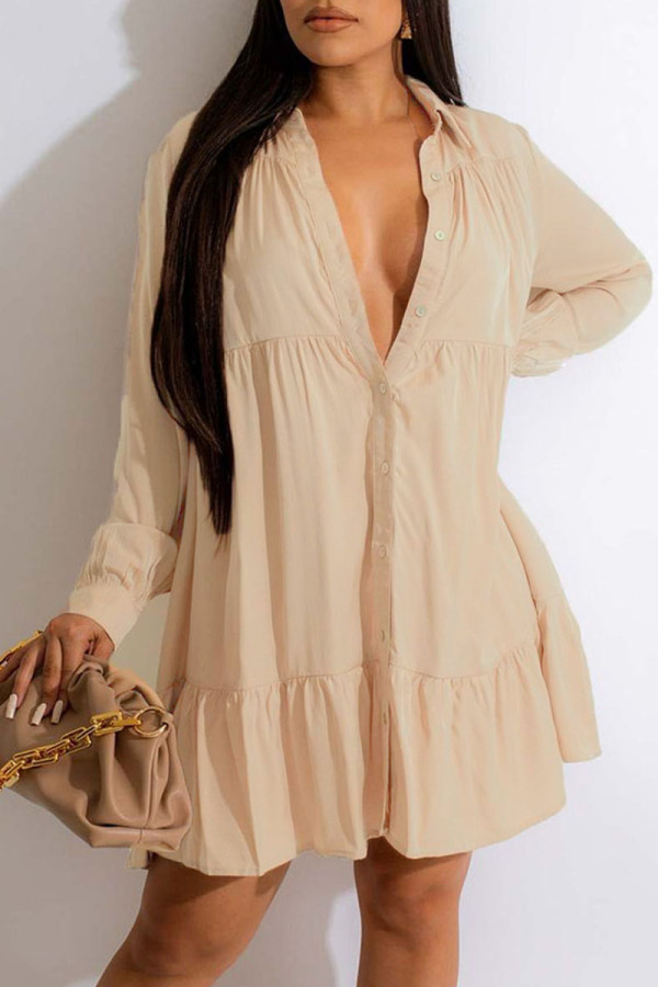 Khaki Casual Solid Patchwork Buckle Fold Turndown Collar Shirt Dress Dresses