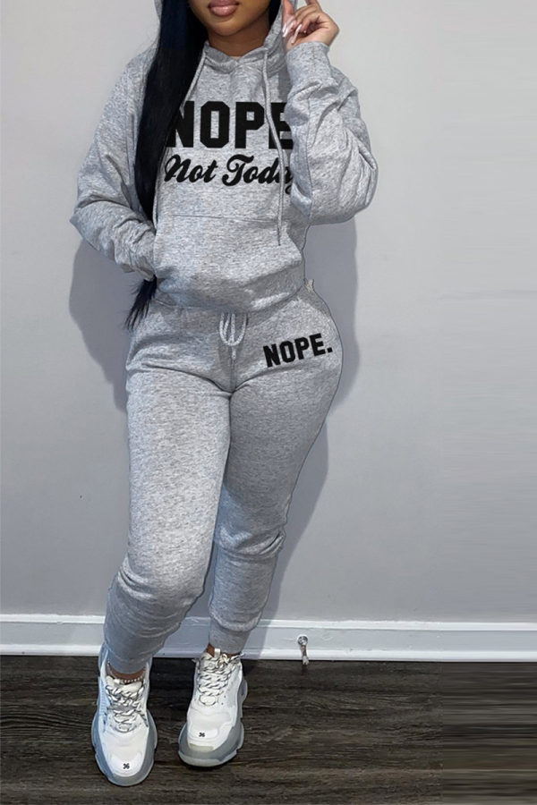 Grey Casual Print Patchwork Hooded Collar Long Sleeve Two Pieces