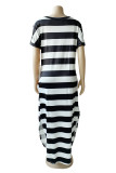 Black Fashion Casual Striped Print Slit V Neck Short Sleeve Dress