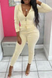 Cream White Casual Sportswear Solid Patchwork Hooded Collar Long Sleeve Two Pieces