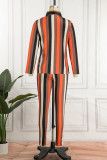 Brown Sexy Striped Print Patchwork Buckle Turndown Collar Long Sleeve Two Pieces