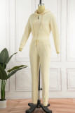 Cream White Casual Sportswear Solid Patchwork Hooded Collar Long Sleeve Two Pieces
