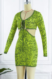 Green Sexy Print Bandage Hollowed Out Patchwork V Neck Long Sleeve Dresses