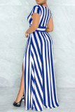 Red Fashion Casual Striped Print Slit V Neck Short Sleeve Dress