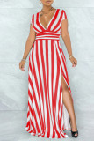 Red Fashion Casual Striped Print Slit V Neck Short Sleeve Dress