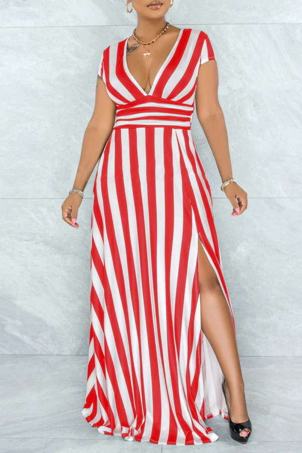 Red Fashion Casual Striped Print Slit V Neck Short Sleeve Dress