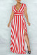 Red Fashion Casual Striped Print Slit V Neck Short Sleeve Dress