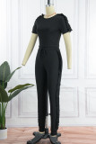 Rose Red Casual Solid Patchwork Stringy Selvedge O Neck Short Sleeve Two Pieces