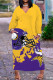 Yellow Purple Casual Print Patchwork V Neck Long Sleeve Dresses