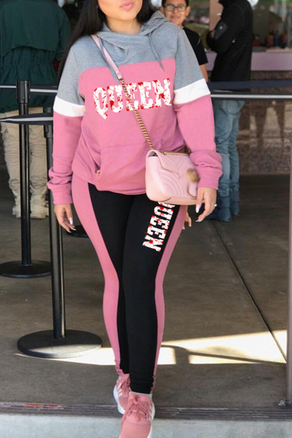 Pink Street Print Draw String Hooded Collar Long Sleeve Two Pieces
