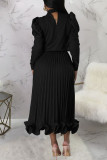 Black Casual Solid Patchwork Flounce Fold Half A Turtleneck Long Sleeve Two Pieces