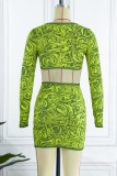 Green Sexy Print Bandage Hollowed Out Patchwork V Neck Long Sleeve Dresses