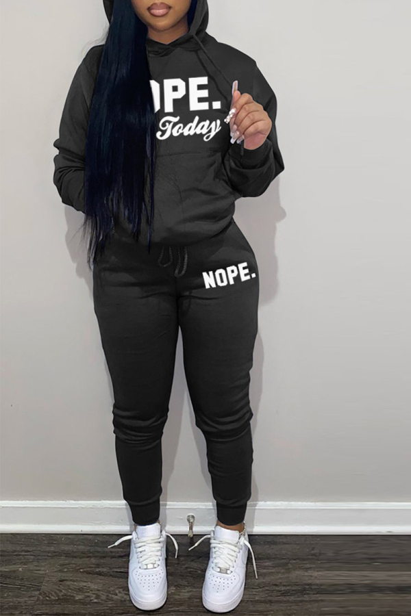 Black Casual Print Patchwork Hooded Collar Long Sleeve Two Pieces