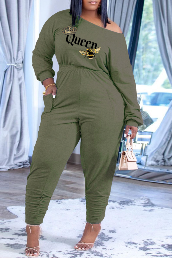 Light Green Casual Print Patchwork One Shoulder Long Sleeve Two Pieces
