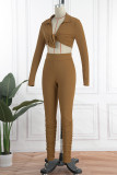 Brown Sexy Solid Bandage Patchwork Turndown Collar Long Sleeve Two Pieces