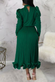 Green Casual Solid Patchwork Flounce Fold Half A Turtleneck Long Sleeve Two Pieces