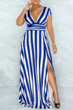 Red Fashion Casual Striped Print Slit V Neck Short Sleeve Dress