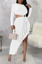 White Sexy Solid Hollowed Out Patchwork Slit O Neck Pencil Skirt Dresses