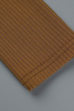 Brown Sexy Solid Bandage Patchwork Turndown Collar Long Sleeve Two Pieces