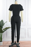 Rose Red Casual Solid Patchwork Stringy Selvedge O Neck Short Sleeve Two Pieces