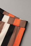 Brown Sexy Striped Print Patchwork Buckle Turndown Collar Long Sleeve Two Pieces
