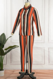 Brown Sexy Striped Print Patchwork Buckle Turndown Collar Long Sleeve Two Pieces