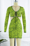 Green Sexy Print Bandage Hollowed Out Patchwork V Neck Long Sleeve Dresses