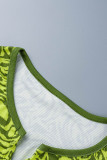 Green Sexy Print Bandage Hollowed Out Patchwork V Neck Long Sleeve Dresses