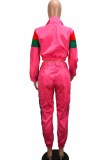 rose red Elastic Fly Long Sleeve Mid Print Patchwork pencil Pants Two-piece suit