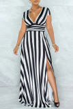 Red Fashion Casual Striped Print Slit V Neck Short Sleeve Dress