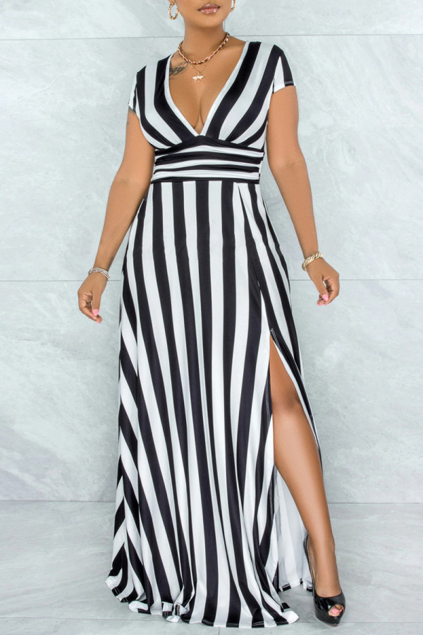 Black Fashion Casual Striped Print Slit V Neck Short Sleeve Dress