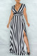 Black Fashion Casual Striped Print Slit V Neck Short Sleeve Dress