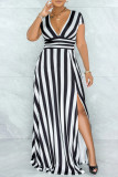 Red Fashion Casual Striped Print Slit V Neck Short Sleeve Dress