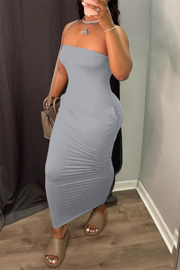 Grey Sexy Casual Solid Backless Strapless Sleeveless Dress