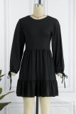 Red Casual Solid Patchwork Frenulum Fold O Neck A Line Dresses