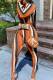 Brown Sexy Striped Print Patchwork Buckle Turndown Collar Long Sleeve Two Pieces